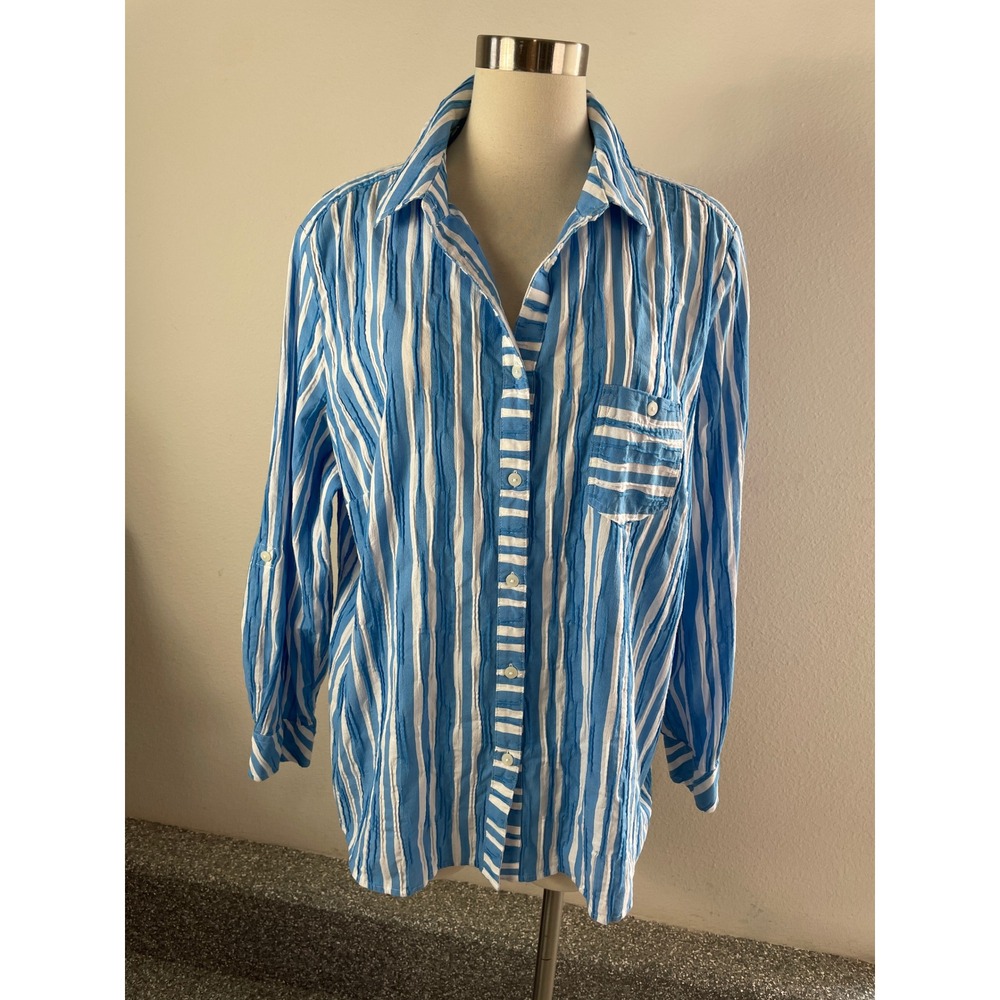 Foxcroft‎ NYC Womens Plus 20W Blue White Striped Button Up Shirt Crinkled Blouse